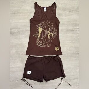 ‼️SOLD‼️ 2 Piece Set - Brown Booty Shorts + Tank Top Pole Dance Graphic - XS